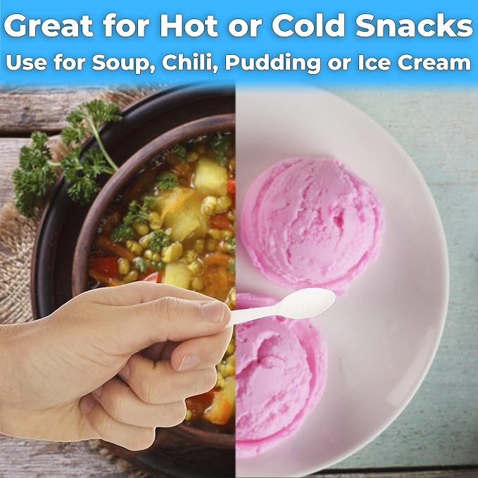 Extra Sturdy, BPA Free 100ct Plastic Tasting Spoons. Disposable Mini Tasters for Sampling or Individual Portions of Ice Cream, and Appetizers. Great for Food Trucks, Parties and Events
