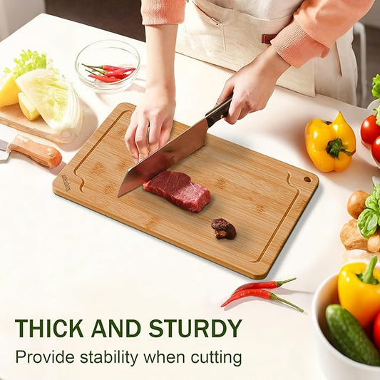 Bamboo Cutting Boards for Kitchen, Large Wood Cutting Board with Juice Grooves & Built-in Handles, Easy Storage & Clean Chopping Board for Meat, Vegetables, Fruit