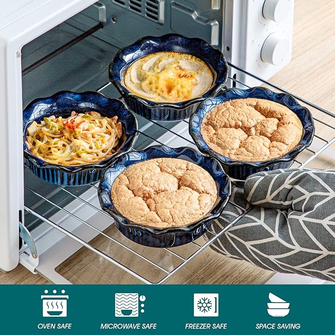 vancasso Mini Pie Pans Set of 6, 5.2 Inch Ceramic Deep Dish Pie Plates with Ruffled Edge for Baking, Microwave & Oven Safe, Blue