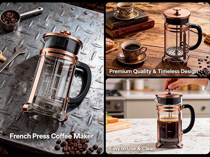 French Press Coffee Maker 21 oz, 304 Stainless Steel 4 Mesh Filter, Borosilicate Glass, Heat-Resistant, BPA-Free, Ideal for Home, Office & Gift