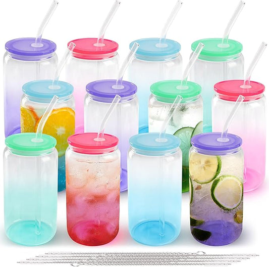 Joyclub 16oz Glass Cups with Acrylic Lids and Straws 12 Set Can Shaped Glass Iced Coffee Cups with Lids, Gradient Drinking Glasses Cute Tumbler Cup Great for Smoothie Soda Boba Tea Cocktail Beer Gift