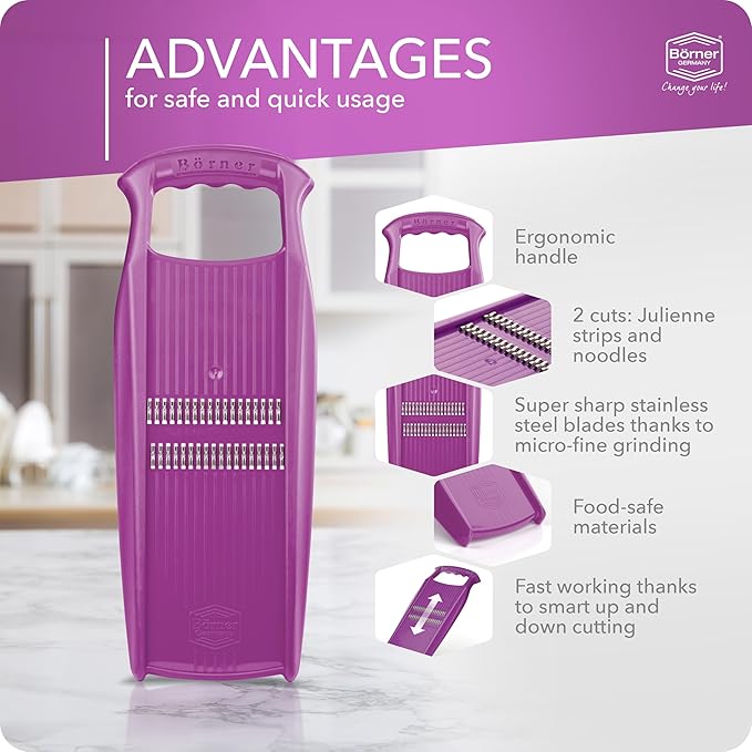 Börner by Reston Lloyd Roko PowerLine • Short & Long Vegetable Strips/Noodles & Safety Food Holder • Made in Germany, Purple