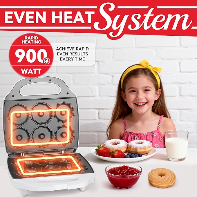 Mini Donut Maker Machine, Electric Mini Bundt Cake Pan, Bake 6 Bundt Doughnuts with 3 Shapes, Excellent for Breakfast, Snacks, Desserts & More