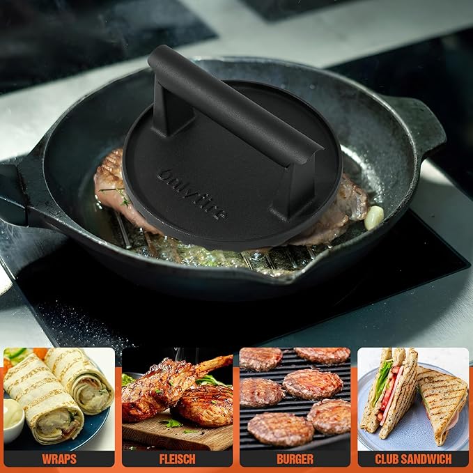 onlyfire Cast Iron Grill Press, Heavy-Duty Smash Burger Press Meat Steak with Handle for Griddle, 6” Grill Press for Hamburger, Bacon, Meat, Steak, Patty