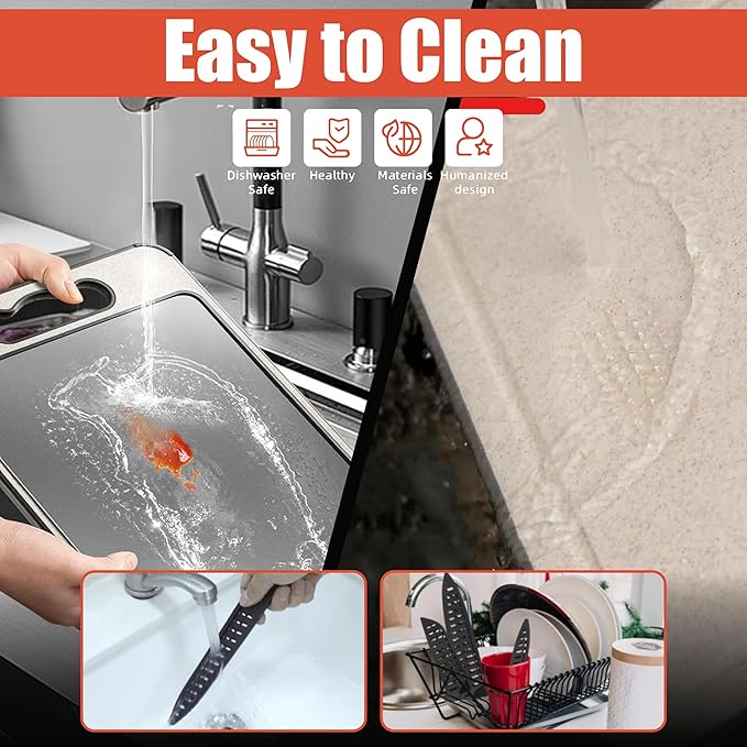 100% Pure Titanium Cutting Board Pro | Non Toxic Chopping Board for Kitchen | Dual Sided, Metal & Wheat Straw Boards with Knife Guards & Sharpener, Finger Guard & Juice Groove