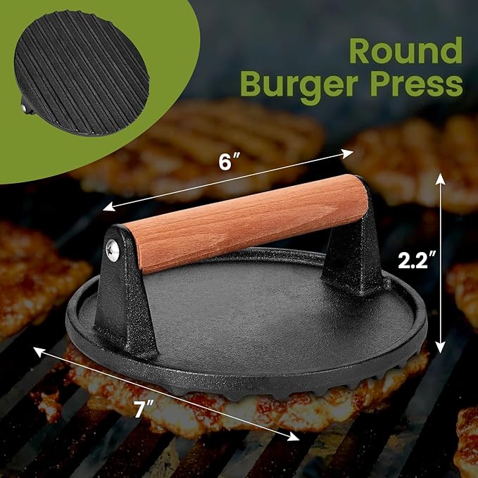 Burger Press 7” Round Cast Iron Smash Bacon Press & 8”X4” Rectangle Cast Iron Grill Press with Wooden Handle for Blackstone Griddle, Ideal for Panini, Steak & Sandwiches, Nonstick Pan