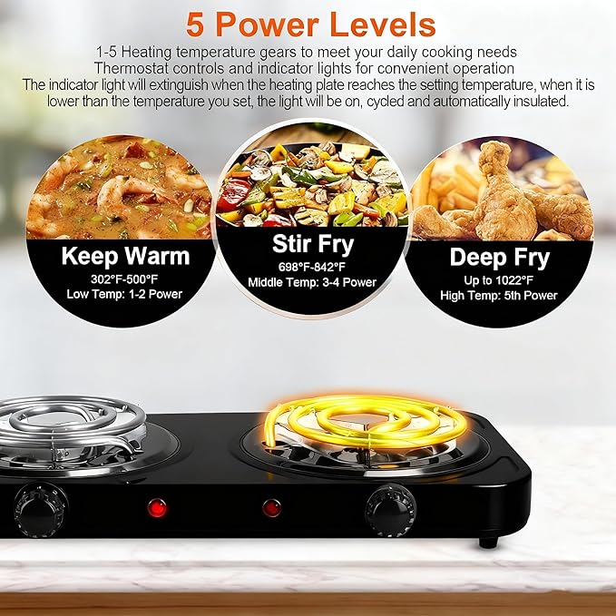 2000W Electric Portable Double Burner Coil Heating Hot Plate Stove Countertop RV Hotplate Temperature Controls Easy to Clean for Camping RV Kitchen (Black) ﻿