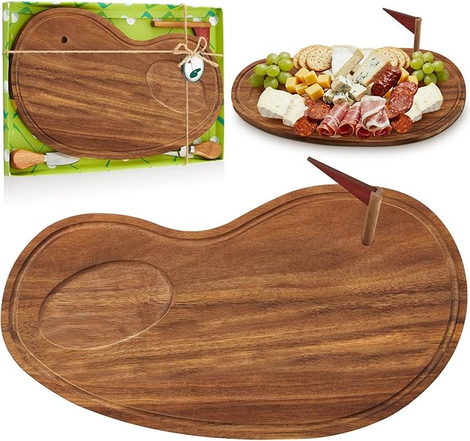 Ziliny Golf Cheese Board Gift Set Party Favor Prizes Charcuterie Wood Board with Knives and Box Father Day Gift for Dad Grandpa Party Tournament Game(Acacia Wood,Golf)