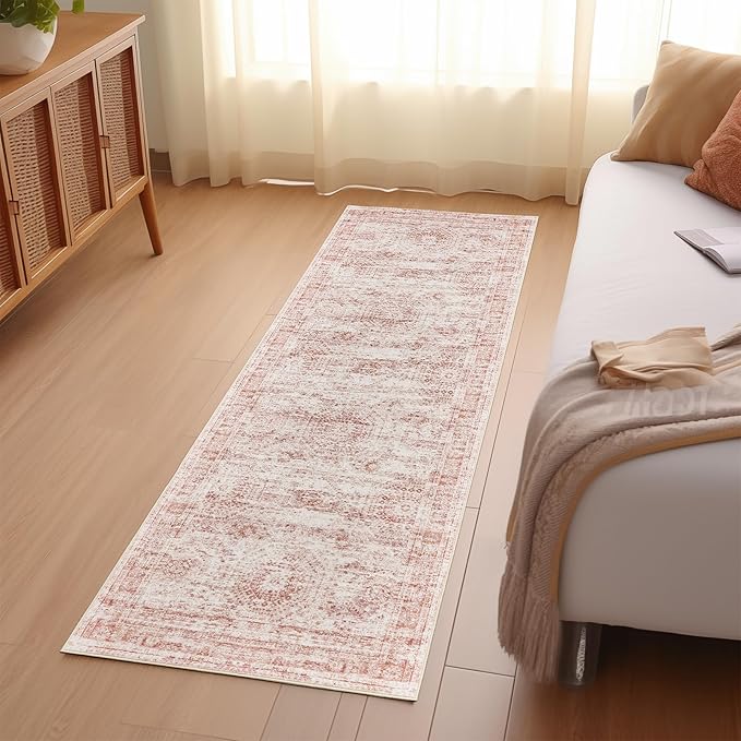 Washable Runner Rugs for Bedroom - 2x6 Runner Rug Non Slip, Ultra-Thin Entryway Runner, Soft Abstract Kitchen Runner for Hallway, Laundry, Bathroom, Indoor Door Mat(2'x6', Pink/Ivory)