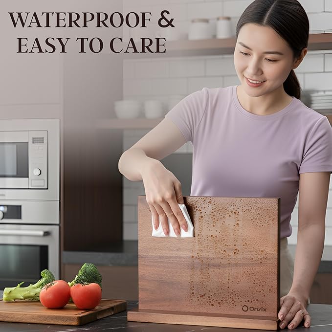 Magnetic Knife Block Double Sided, Magnetic Knife Holder for Kitchen Counter, Acacia Wood Knife Block Without Knives with Anti-Skid Base