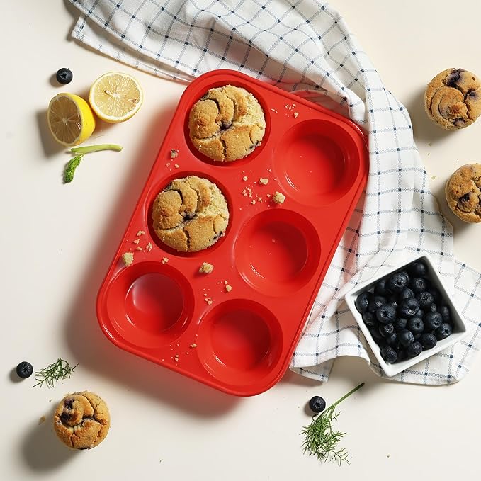 Socisen 2 Pack 6 Cups Silicone Jumbo Muffin Pan with Metal Reinforced Frame Silicone Molds Cupcake Cake Baking Pans Egg Bites Muffin Tin Tart Pans Bundt Pan Reposteria Accesorios Moldes Para Pasteles