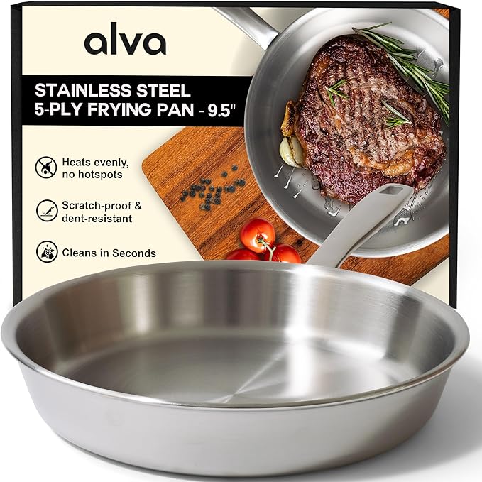 Alva Maestro 5-Ply Stainless Steel Frying Pan 9.5″ – Non-Toxic, Made without PFAS/PFOA/PTFE – Pro-Level Heat Control for No Hotspots, Induction & Oven Safe, Works on All Stovetops, Perfect Searing