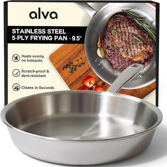 Alva Maestro 5-Ply Stainless Steel Frying Pan 9.5″ – Non-Toxic, Made without PFAS/PFOA/PTFE – Pro-Level Heat Control for No Hotspots, Induction & Oven Safe, Works on All Stovetops, Perfect Searing
