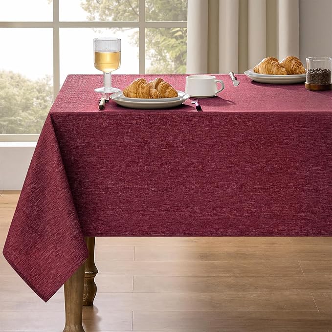 Faux Linen Farmhouse Table Cloth 60"x84" for 4-6 ft Rectangle Table, Burgundy Waterproof Outdoor Washable Cloth Tablecloth for Rectangular Dining Room Kitchen Outdoor Party Restaurant Table