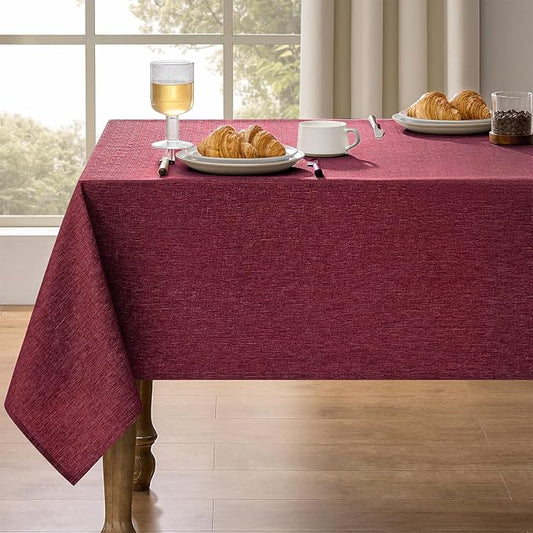 Faux Linen Farmhouse Table Cloth 60"x84" for 4-6 ft Rectangle Table, Burgundy Waterproof Outdoor Washable Cloth Tablecloth for Rectangular Dining Room Kitchen Outdoor Party Restaurant Table