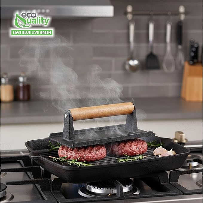 [1 PACK] Rectangle Grill Press with Wooden Handle 9 x 5 inches - Heavy Duty, Bacon Press, Burger Press, Panini Press, Meat Press - Ideal Cast Iron Press for Kitchen & Grill