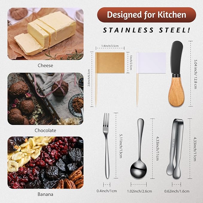 Cheese Butter Spreader Knives Set Charcuterie Accessories Stainless Steel Spreader Knives with Wooden Handles Charcuterie Boards Utensils Mini Serving Tongs Spoons and Forks (Black,14 Pieces)
