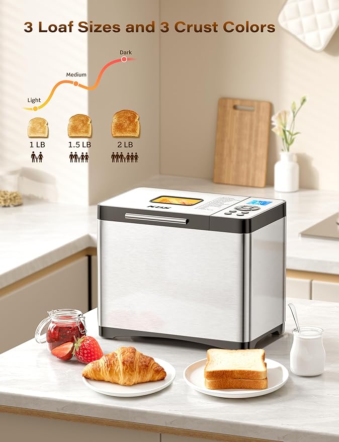 KBS 2LB 19-in-1 Programmable Bread Maker, Stainless Steel Bread Machine with Nonstick Ceramic Pan,650W Bread Maker Machine with 15H Timer&1H Keep Warm,Sourdough,Gluten Free,3 Colors,53 Recipes,Silver