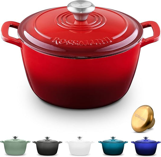 ROSSALLINI Signature Enameled Cast Iron Dutch Oven, Non-Stick Serving Pot with Tight Fitting Lid for Perfect Roasting, Baking, Sauteing, and Bread Making | 10Q (9.5L) - Red