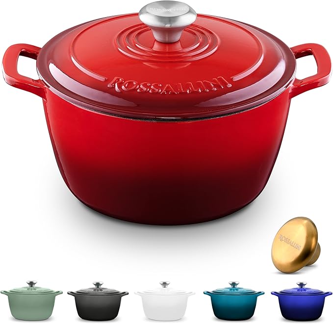 ROSSALLINI Signature Enameled Cast Iron Dutch Oven, Non-Stick Serving Pot with Tight Fitting Lid for Perfect Roasting, Baking, Sauteing, and Bread Making | 7.4Q (7L) - Red