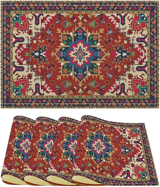 Boho Ethnic Placemats Country Farmhouse Retro Red Floral Art Printed Dining Table Mats Set of 4 for Restaurant Home Kitchen Holiday Picnic Party Decor 12x18in