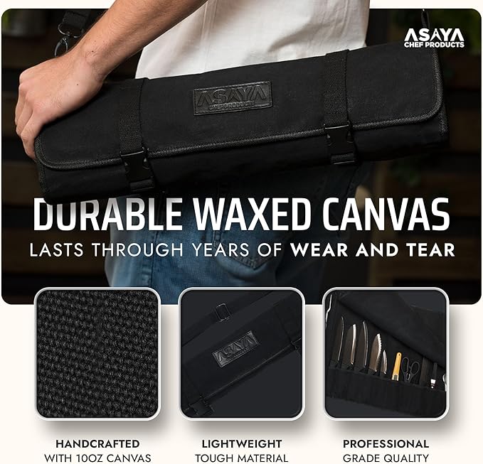 Asaya Canvas Chef Knife Roll Bag - 10 Knife Slots and a Large Zipper Pocket - Durable 10oz Canvas Knife Case with an Adjustable Shoulder Strap - Knives not Included