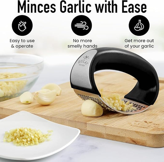 Zulay Stainless Steel Garlic Press Rocker Set - Premium Garlic Mincer Garlic Crusher - New Innovative Garlic Crusher with Peeler and Scraper - Comfortable Grip (DeepBlack)