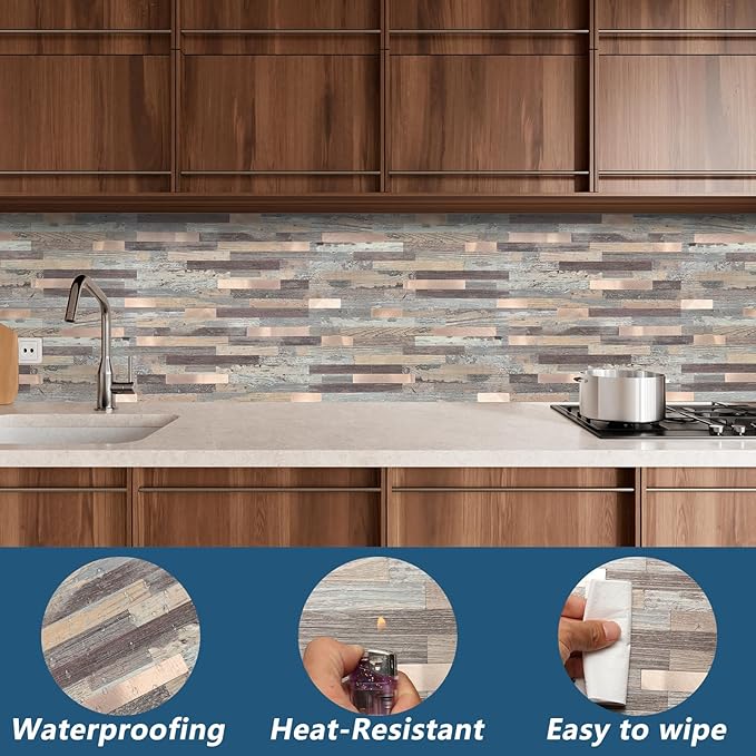 Yipscazo 20 Sheets Peel and Stick Stone Metal Backsplash Tiles, PVC Wall Tiles Stick on Backsplash for Kitchen, Bathroom (6'' X 12'', Rustic Wood)