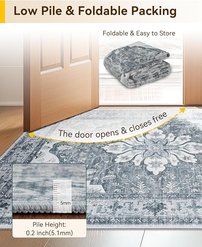 Area Rugs 4ft Washable Non-Slip, Floral Vintage Distress Print Pattern Medallion Carpet for Living Room Bedroom Dining Room, Light Gray Grey White