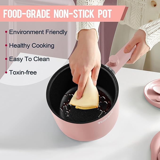 Topwit Hot Pot Electric with Steamer, 1.5L Ramen Cooker, Non-Stick Sauté Pan, Portable Cooking Pot, Electric Cooker with Dual Power Control, BPA Free, Over-Heating & Boil Dry Protection, Pink