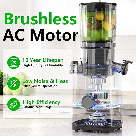 T33 Cold Press Juicer Machines, 5.3" Large Feed Chute Slow Masticating Juicer, Powerful AC Brushless Motor Fit Whole Fruits & Vegetable, 99% Juice Yield, Ultra Quiet, Easy Clean