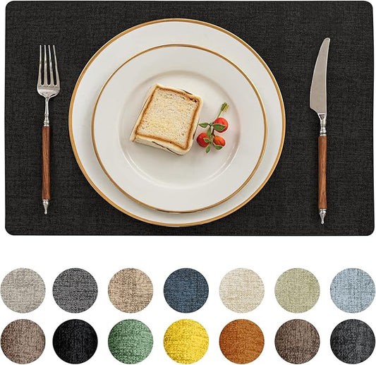 Romanstile Vinyl Placemats Set of 4-12 X 17 Inch - Heat Resistant Place Mats 100% Waterproof Oilproof Wipeable Reversible Faux Leather Table Mats for Kitchen, Dining, Party, Outdoor, Black