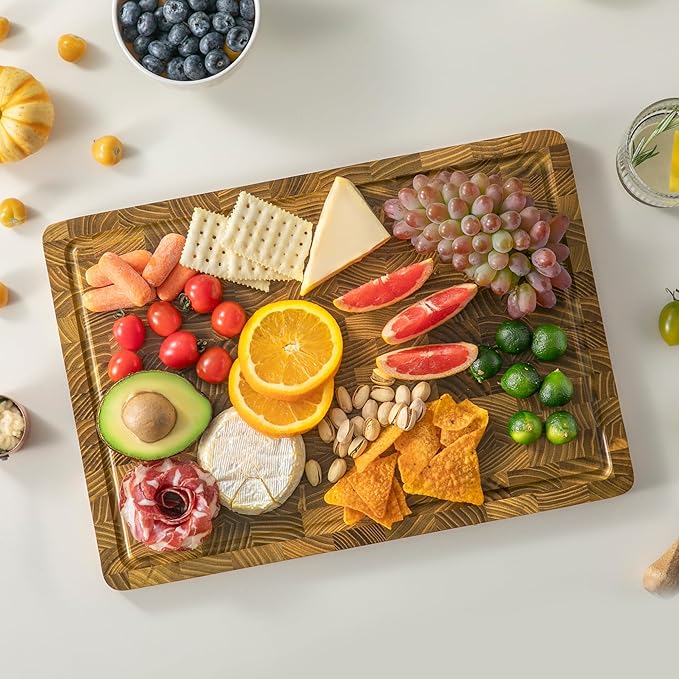 THETCHRY Teak Wood Cutting Boards for Kitchen, End Grain Cutting Board with Juice Groove Handles Non-slip Feet, Reversible Wooden Chopping Board Serving Tray for Cheese and Vegetables, 16.5" x 11.6"