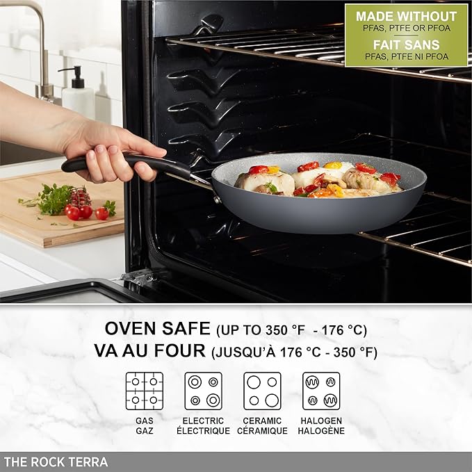 Starfrit The Rock TERRA 28cm (11'') Ceramic Non-Stick Fry Pan - Thick Aluminium Base - PFAS Free - Easy to Clean - Grey