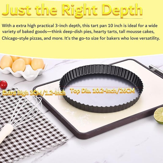 KUAYB 10 Inch Nonstick Tart Pan with Removable Bottom, Carbon Steel Quiche and Pie Pan- 1.1-Inch Depth, Fluted Edges for Baking Tarts, Quiches, Mousse Cakes, and Desserts