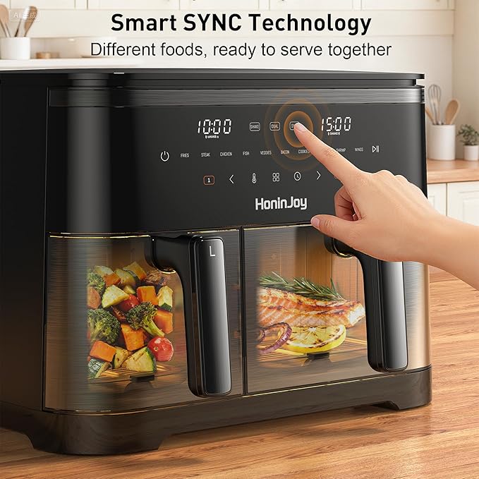 HoninJoy 12QT Large Air Fryer with Dual Basket (4QT+8QT), 13-in-1 Digital Touchscreen Double Zone Air Fryers with 50pcs Paper Liners, Sync & Dual, for Bake, Roast, Shake Reminder, Dishwasher Safe