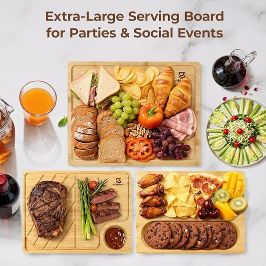 Piklohas Large Bamboo Cutting Boards Set of 4 for Kitchen, Bamboo Charcuterie Chopping Board with Holder Non Slip, Steak Serving Tray with Juice Groove, Big Butcher Block for Cheese, Ideal for Gift