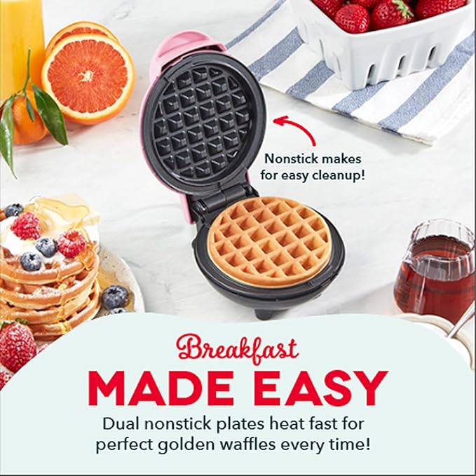 Dash Mini Waffle Maker- Compact Electric Iron for Creative Homemade Treats - PTFE nonstick surface - Easy-to-Clean - Perfect for Kids & Families - Pink