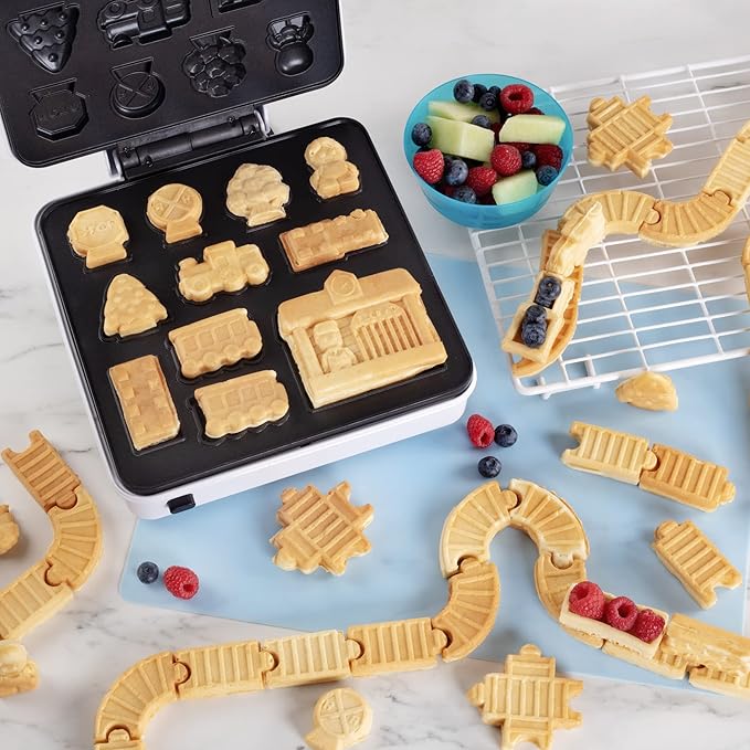 Train Set Waffle Maker – Build Track & Cargo Car Shaped Mini Waffles – Electric Non-Stick Plates, Dishwasher-Safe Removable Inserts for Kids Morning Breakfast, Pancakes, Snack, Family Fun Gift & Play!