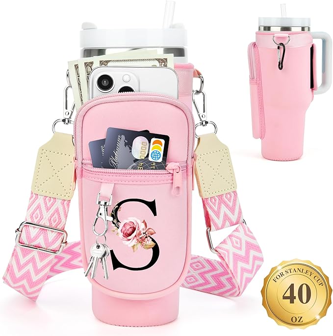 LOKASS Personalized Water Bottle Holder with Strap for Stanley Cup Accessories 40 oz Tumbler, Initial Water Bottle Carrier Bag/Phone Pocket, Mother's Day/Birthday Gifts for Women/Girls