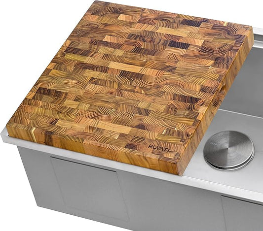 Ruvati 17 x 16 x 2 inch thick End-Grain Teak Butcher Block Solid Wood Large Workstation Cutting Board - RVA2445TKE