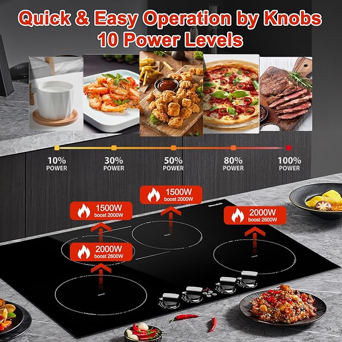 30 Inch Induction Cooktop 4 Burner with Bridge Element, 7800W Built-in Stove Top, Booster Function, 10 Power Levels, Timer & Child Safety Lock, Knob Control, 220-240V
