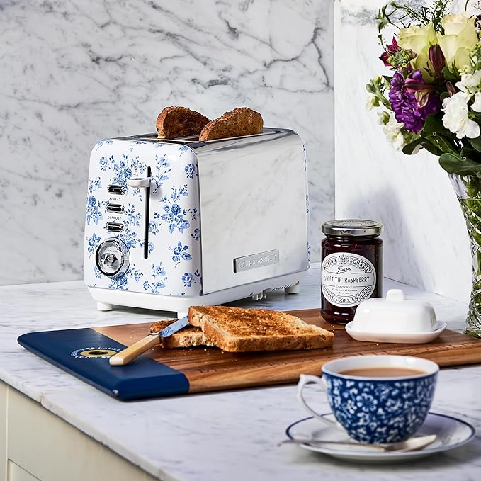 VQ Laura Ashley China Rose Stainless Steel 2 Slice Toaster | Multi-Functional Bagels & Bread Toaster 2 Slice with Adjustable Heating & Defrost Mode | Featuring 2 Wide Slots & Croissant Warming Rack