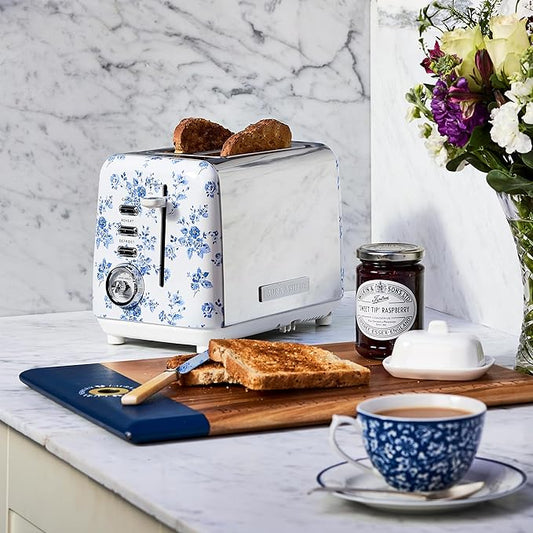 VQ Laura Ashley China Rose Stainless Steel 2 Slice Toaster | Multi-Functional Bagels & Bread Toaster 2 Slice with Adjustable Heating & Defrost Mode | Featuring 2 Wide Slots & Croissant Warming Rack