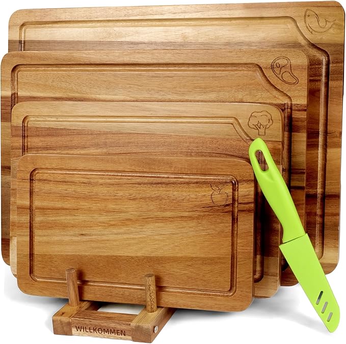 WILLKOMMEN Acacia Wood Cutting Boards Set for Kitchen, 4-Piece Chopping Board Set with Food Icon (Meat, Fish, Vegetables, Fruits) Wooden Butcher Block with Stands & Juice Groove (S,M,L,XL)