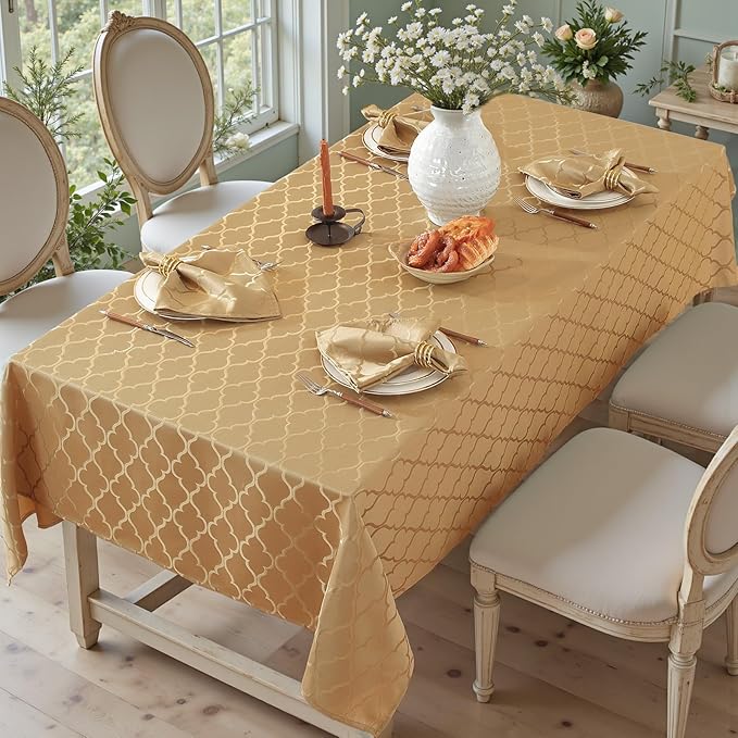 Larponder Tablecloth Rectangle, Jacquard Polyester Table Cloth, Washable & Spill Proof Table Cover for Spring Kitchen Dining Party Picnic (Rectangle, 52" x 70", Gold)