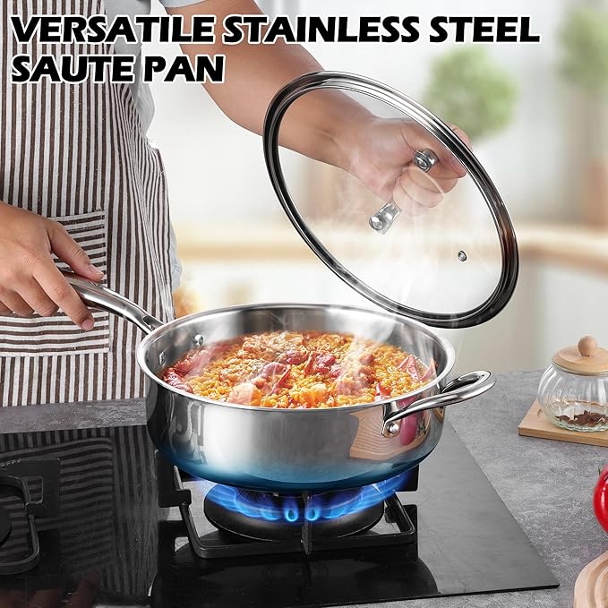 E-far 10 Inch Tri-Ply Stainless Steel Saute Pan, 4.5 Quart Deep Frying Pan with Lid, Kitchen Skillet, Healthy Non-toxic Cooking Pan for Induction Ceramic Gas Stoves, Heavy Duty, Oven & Dishwasher Safe