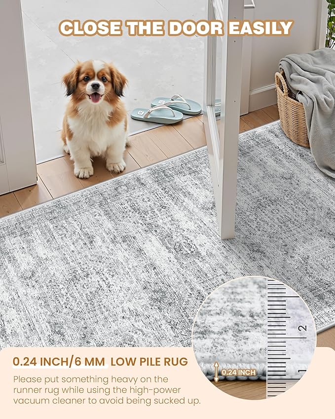 3x16 Washable Runner Rug for Hallway, Non-Slip Long Hallway Runner for Entryway, Soft Vintage Kitchen Mats for Floor, Abstract Dining Room, Bedroom, Living Room Rugs(3'x16', Grey/Ivory)