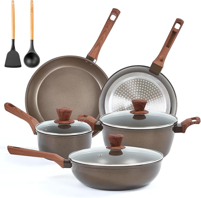 RATWIA 10 Pcs Pots and Pans Set Non Stick, Kitchen Cookware Sets with Frying Pans, Saucepans, Steamer Compatible with All Stoves Restaurant,Black