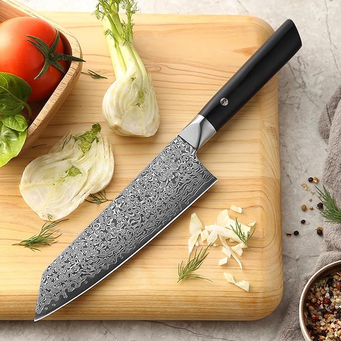 zayiko Black Edition Damascus Knife Kiritsuke I 20 cm blade made of 67 layers of VG10 Damascus steel I Ergonomic Pakkawood handle I Premium Japanese chef's knife for meat, fish & vegetables I Gift box